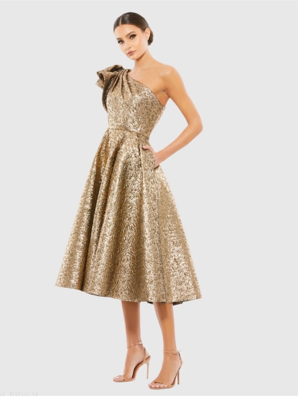 Gold One Shoulder Brocade Bow Midi Dress with Pockets #67906 SIze 10 NWT